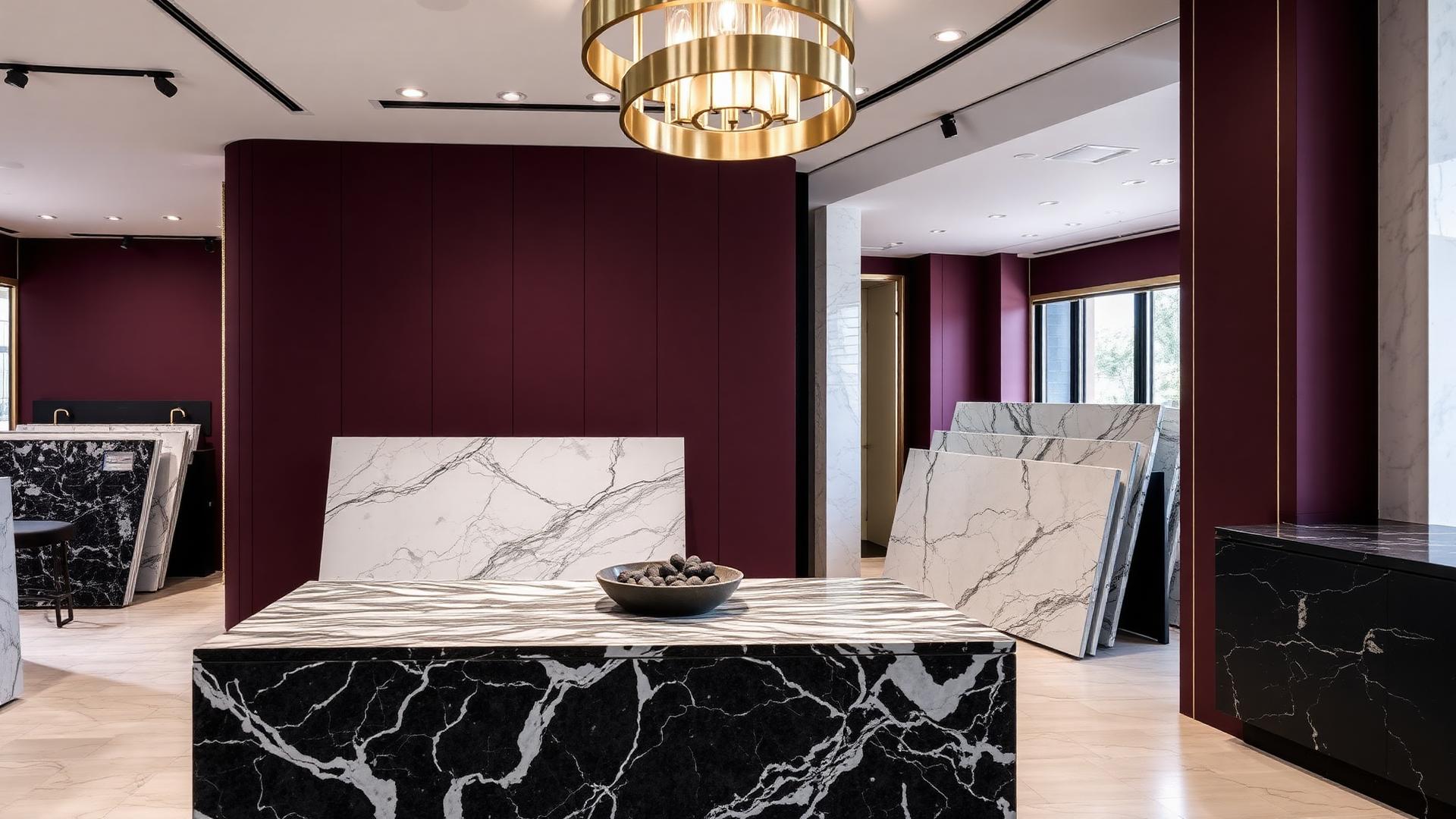 Showroom premium de mármore com iluminação dourada e parede vermelho escuro